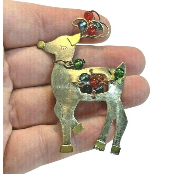 Retro Christmas Reindeer Brooch Silver & Multi Color Beaded Pin Holiday Festive - Picture 3 of 5